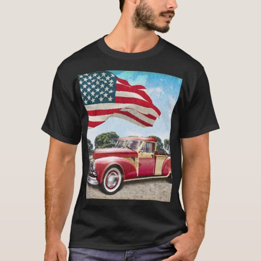 Rode pick-up truck: Amerikaanse vlag  T-shirt (Voorkant)