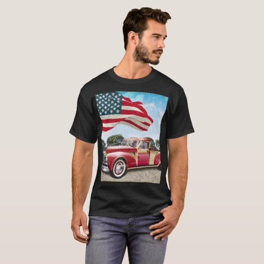 Rode pick-up truck: Amerikaanse vlag T-shirt (Voorkant volledig)