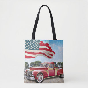 Rode pick-up truck: Amerikaanse vlag  Tote Bag