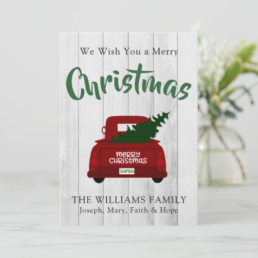 Rode  pick-up truck - gepersonaliseerd feestdagenkaart (Staand voorkant)
