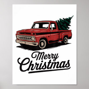 Rode pick-up truck kerstboom vintage kerst poster
