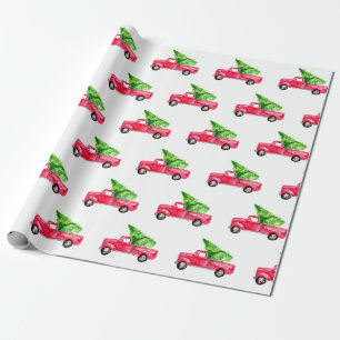 Rode pick-up truck kerstboom Waterverf Schattige Cadeaupapier