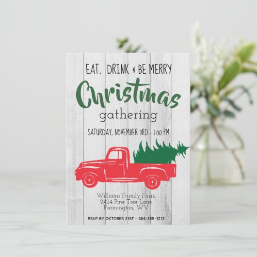  rode pick-up truck kerstuitnodiging bedankkaart (Staand voorkant)