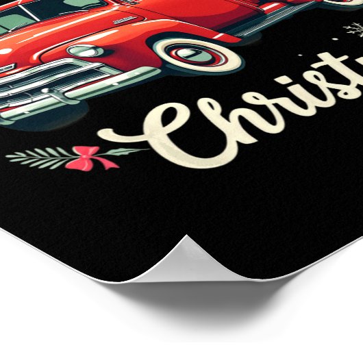 Rode pick-up truck vrolijke kerstboom wintervakant poster (Hoek)