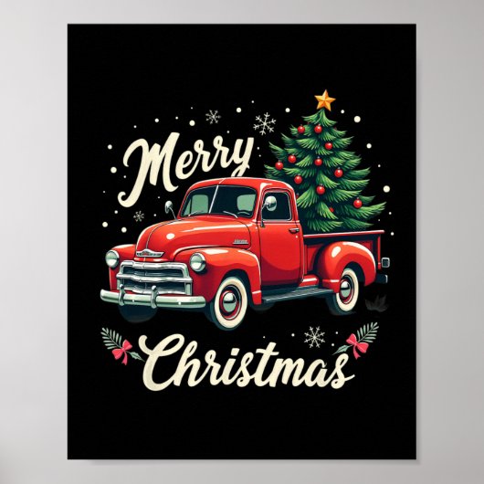 Rode pick-up truck vrolijke kerstboom wintervakant poster (Voorkant)