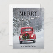 Rode pick-up vrachtwagen rijden in de sneeuw feestdagenkaart (Voorkant / Achterkant)