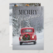 Rode pick-up vrachtwagen rijden in de sneeuw feestdagenkaart (Voorkant / Achterkant)