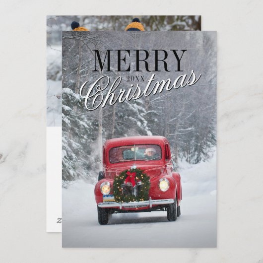 Rode pick-up vrachtwagen rijden in de sneeuw feestdagenkaart (Voorkant / Achterkant)