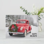 Rode pick-uptruck met kerstkrans feestdagenkaart (Staand voorkant)