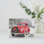 Rode pick-uptruck met kerstkrans feestdagenkaart (Staand voorkant)