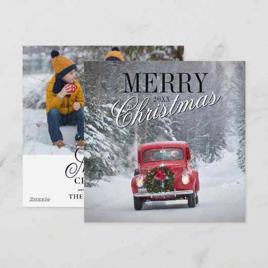 Rode pick-uptruck rijdt in de sneeuw feestdagenkaart (Voorkant / Achterkant)