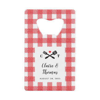 Rode picknick pllaid doek Ik doe BBQ Uitnodiging Creditkaart Flessenopener