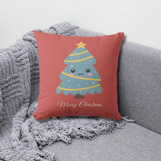 Rode piloot met een echte kerstboom kussen (Red Pillow with a Cute Christmas Tree)