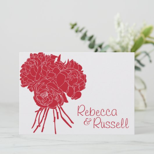 Rode pioen bloem bruiloft uitnodiging (Staand voorkant)