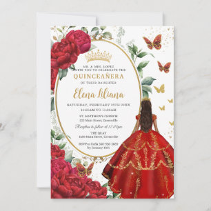 Rode Pioen Bloemen Bruin Prinses Jurk Quinceañera Kaart