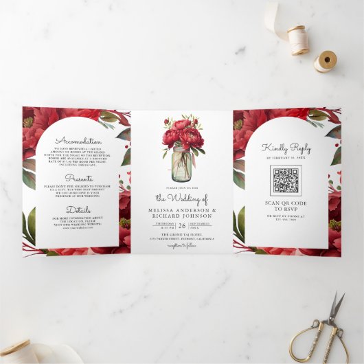 Rode Pioen Bloemen Mason Jar QR Code Bruiloft Drieluik Uitnodiging (Binnen)
