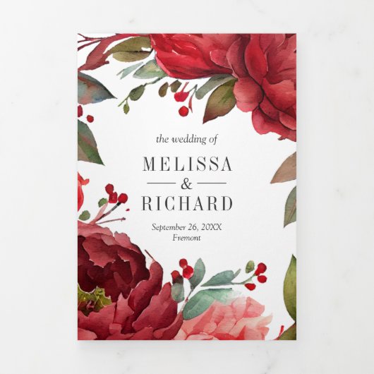 Rode Pioen Bloemen Mason Jar QR Code Bruiloft Drieluik Uitnodiging (Cover)