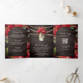 Rode Pioen Bloemen Mason Jar QR Code Hout Bruiloft Drieluik Uitnodiging (Binnen)