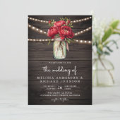 Rode Pioen Bloemen Mason Jar QR Code Hout Bruiloft Kaart (Staand voorkant)