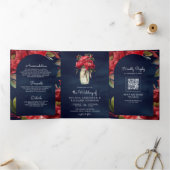 Rode Pioen Bloemen Mason Jar QR Code Marine Bruilo Drieluik Uitnodiging (Binnen)