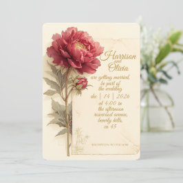 Rode Pioen Elegant Romantisch Vintage Trouwen Kaart