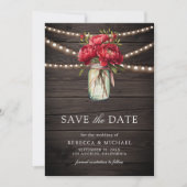 Rode pioen Floral Mason Jar Barn Wood bruiloft fot Save The Date (Voorkant)