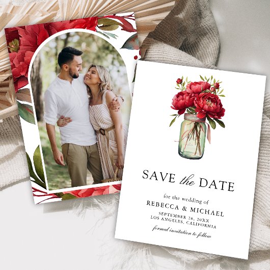 Rode pioen Floral Mason Jar bruiloft foto Save The Date
