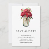 Rode pioen Floral Mason Jar bruiloft foto Save The Date (Voorkant)