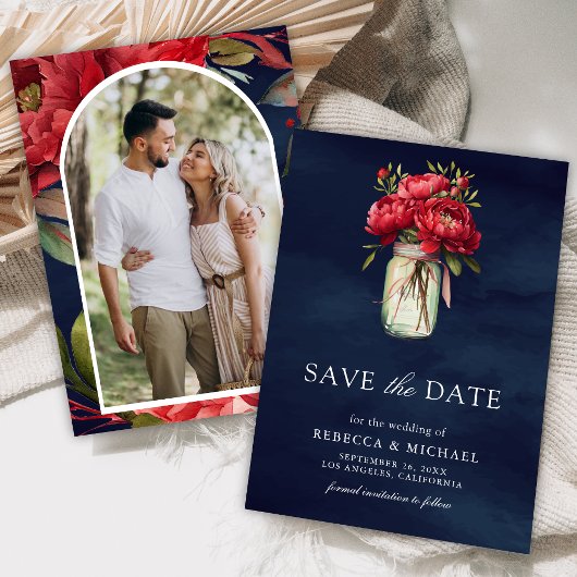 Rode pioen Floral Mason Jar Navy Blauwe bruiloft f Save The Date