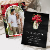 Rode pioen Floral Mason Jar Zwarte bruiloft foto Save The Date
