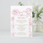 Rode Pioen Lijn Tekening bruiloft uitnodiging, det Informatiekaartje (Staand voorkant)