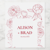 Rode Pioen Lijn Tekening bruiloft uitnodiging, det Wijn Etiket (Enkel label)