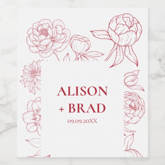 Rode Pioen Lijn Tekening bruiloft uitnodiging, det Wijn Etiket (Enkel label)