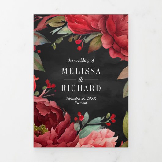 Rode Pioen Mason Jar QR Code Houtskool Bruiloft Drieluik Uitnodiging (Cover)