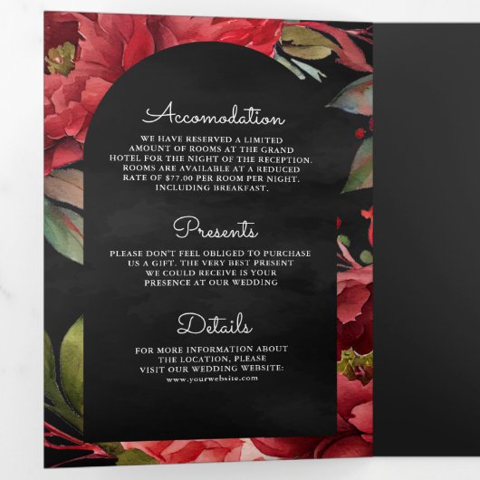 Rode Pioen Mason Jar QR Code Houtskool Bruiloft Drieluik Uitnodiging (Binnenzijde eerst)