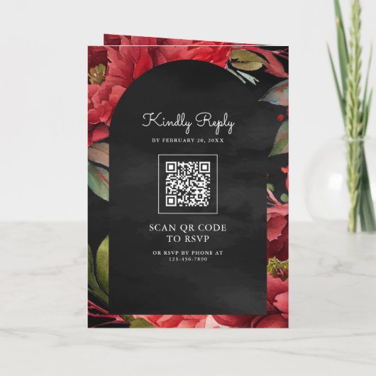 Rode Pioen Mason Jar QR Code Houtskool Huwelijk (Achterkant)
