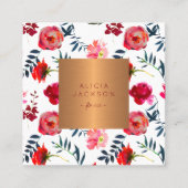 Rode pioen rozen roos gouden koperlabel bloemist vierkante visitekaartje (Voorkant)