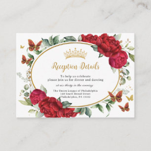 Rode Pioenen Bloemen Vlinders Quinceañera Informatiekaartje