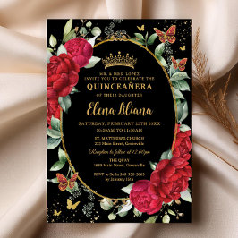 Rode pioenen Bloemenvlinders Goud Quinceañera Kaart