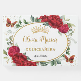 Rode Pioenen Bloemenvlinders Gouden Quinceanera Gastenboek
