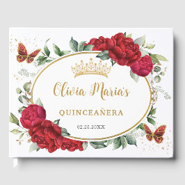 Rode Pioenen Bloemenvlinders Gouden Quinceanera Gastenboek