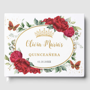 Rode Pioenen Bloemenvlinders Gouden Quinceanera Gastenboek