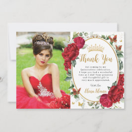 Rode Pioenen Bloemenvlinders Quinceañera Foto Bedankkaart
