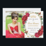Rode Pioenen Bloemenvlinders Quinceañera Foto Save The Date<br><div class="desc">Personaliseer deze boho chique rode bloemenquinceañera / Sweet 16 verjaardagsfoto bewaar de datum gemakkelijk en snel. Klik op de knop verder aanpassen om de teksten te bewerken, lettertypen en lettertypekleuren te wijzigen. Met prachtige levendige waterverf rode pioenbloemen, een gouden prinsessenkroon en rode en gouden vlinders. Overeenkomende objecten beschikbaar in de...</div>