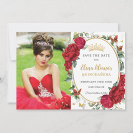 Rode Pioenen Bloemenvlinders Quinceañera Foto Save The Date