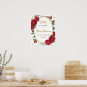 Rode Pioenen Bloemenvlinders Quinceañera Welkom Poster (Keuken)