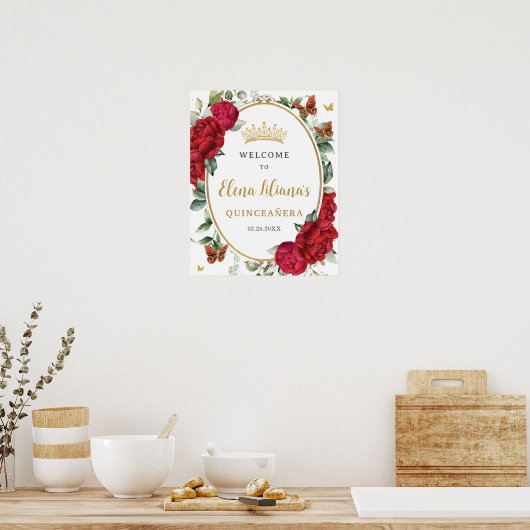 Rode Pioenen Bloemenvlinders Quinceañera Welkom Poster (Keuken)