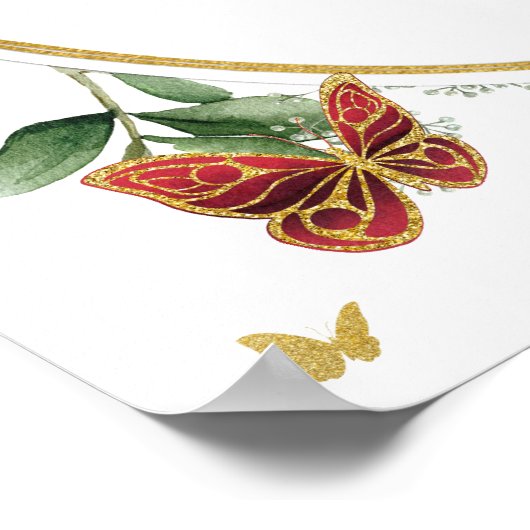 Rode Pioenen Bloemenvlinders Quinceañera Welkom Poster (Hoek)