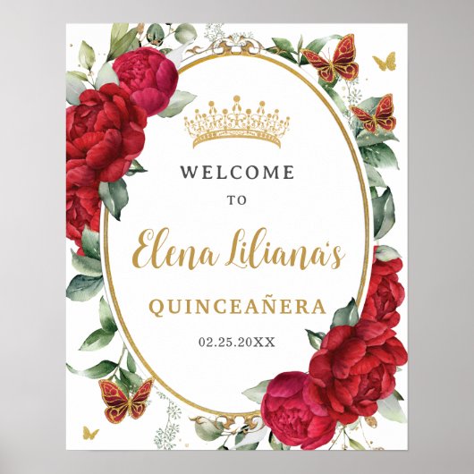 Rode Pioenen Bloemenvlinders Quinceañera Welkom Poster (Voorkant)
