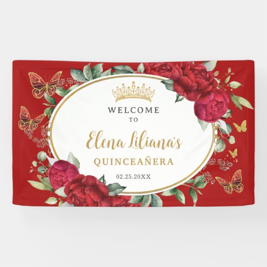 Rode Pioenen Bloemenvlinders Quinceañera Welkom Spandoek (Horizontaal)